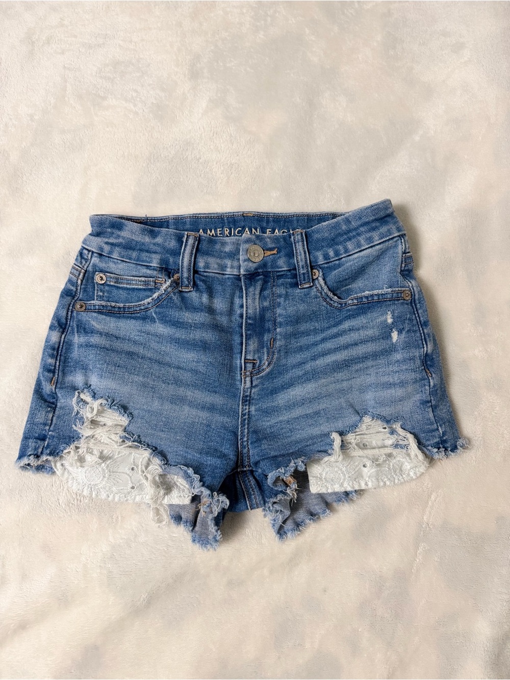 American Eagle Outfitters Distressed Lace-Trim Denim Shorts - Blue